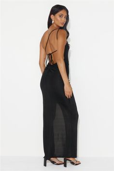 Length from bust to hem of size S: 124cm. Chest 31cm, Waist 29cm, across front only of size S. Maxi dress. Lined. Model is a standard XS and is wearing size XS. True to size. Stretch. One shoulder. Open tie-up back. Zipper. Cold hand wash only. Polyester. Your 'fit is sorted with the Steal The Attention Maxi Dress. Featuring a one-shoulder design and an open tie-up back. Style with heels and curls for your fancy event. Fancy Event, First Day Outfit, Long Bodycon Dress, Maxi Dress Black, Jumpsuits And Romper, Graduation Outfit, Halter Maxi Dresses, Long Sleeve Lace Dress, Satin Mini Dress