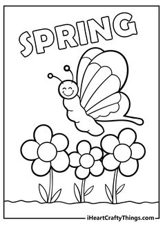 a coloring page with the words spring and a butterfly