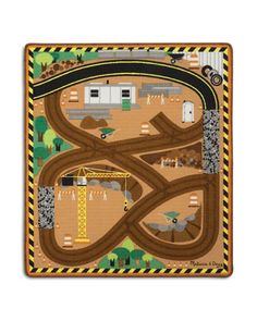 a children's play mat with a train track and construction vehicles on it,