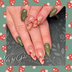 Nails With Mushrooms On Them, Fairy Mushroom Nails, Easy Mushroom Nails, Mushroom Fairy Nails, Cottagecore Nails Simple, Mushroom Nail Art Designs, Green Mushroom Nails, Cute Mushroom Nails, Mushroom Nail Ideas