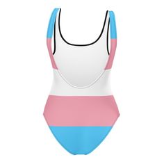 A stunning one-piece transgender swimsuit of two halves with gorgeous vibrant print. Just what you need to show off your trans pride on the beach or by the pool. The black front with subtle transgender flag stripe at waist level is super flattering. The low scoop back of this swimming costume is made up of the trans flag colors and the cheeky fit of this bathing suit will have you turning heads in no time. This gorgeous non-padded transgender pride bathing costume has a double-layered front and Multicolor Swimwear For Beach And Pride, Fitted Swimwear For Pride Beach Events, Fitted Swimwear For Beach And Pride Festival, Fitted Swimwear For Beach At Pride Festival, Fitted Striped Color Block Swimwear, Transgender Flag, Striped Bathing Suit, Bathing Costumes, Trans Flag