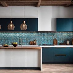 Modern kitchen with blue cabinets, a large wooden island, hanging pendant lights, and a decorative blue tile backsplash.