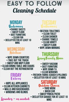 the easy to follow cleaning schedule is shown in rainbow colors and includes instructions on how to clean your house