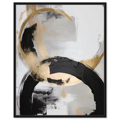 an abstract painting with black and gold paint on white paper, framed in a black frame