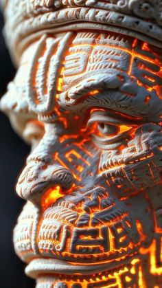 an intricately carved statue is shown with orange light coming from it's eyes