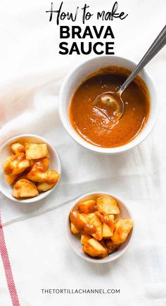 two bowls filled with sauce next to each other on top of a white table cloth