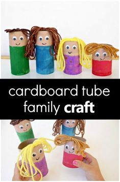 the cardboard tube family craft is made with children's faces and hands, while they are