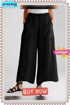 Solid Color Cotton Linen Pocket Wide Leg Pants Chic Cotton Harem Pants With Pockets, Chic Baggy Harem Pants With Pockets, Summer Wide Leg Harem Pants With Side Pockets, Non-stretch Summer Wide Leg Pants With Side Pockets, Black Cotton Casual Culottes, Black Wide-leg Summer Capris, Casual Black Cotton Culottes, Spring High-waisted Harem Pants With Side Pockets, Wide Leg Bottoms With Side Pockets For Summer