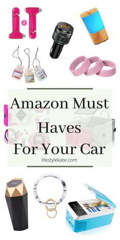 the words amazon must haves for your car are in front of an image of various items