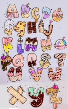 the letters are made up of different types of cookies and ice creams on top of each other