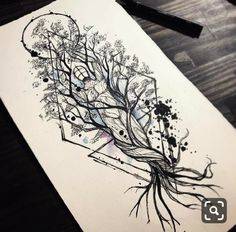 an ink drawing of a tree with lots of roots on it's back side