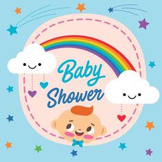 a baby shower with rainbows, clouds and stars on the blue background that says baby shower