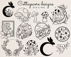 an assortment of mushrooms and plants in black ink on white paper with the words, cottage designs svg & png