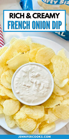 a white plate topped with french onion dip next to chips and an american flag in the background