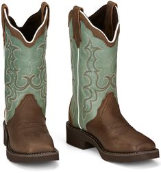 Its leather upper is accented by a delicate stitch pattern and features a scalloped collar for a feminine touch. The distressed golden brown foot gives this boot a vintage feel and sports a square toe. The J-Flex Flexible Comfort System� insole with remov Brown Boots With Reinforced Toe, Women's Work Boots, Justin Boots Womens, Womens Cowgirl Boots, Womens Work Boots, Teal Leather, Turquoise Leather, Justin Boots, Ostrich Leather