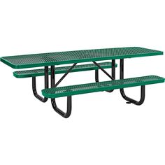 two green picnic tables sitting next to each other on top of metal bases and black legs