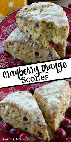 cranberry orange scones are stacked on top of each other