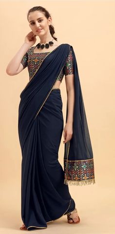 Navy Blue Saree, Brocade Blouse, Fashion Sarees, Brocade Blouses, A Line Kurta, Wedding Sarees, Blue Saree, Designer Outfits