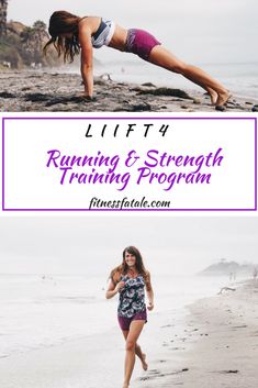 a woman doing yoga on the beach with text overlay reading life 4 running and strength training program