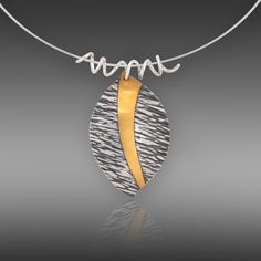 Gold & Silver Necklace - The simple leaf form is enhanced with 24k gold. This piece is made from sterling silver to which 24k gold is applied using the keum-bo process. The silver is textured, oxidized and selectively polished to create a striking tri-color pendant. The pendant measures approximately 1.75 inches long by 1.25 inch wide. A sterling silver tendril bail attaches the pendant to your choice of a 16 inch or 18 inch sterling silver omega chain neck wire. Keumboo Jewelry, Elm Leaf, Surface Embellishment, Keum Boo Jewelry, Wire Wrapped Jewelry Pendant, Rivet Jewelry, Cage Ring, Gold Silver Necklace, Keum Boo