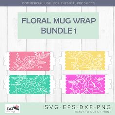 the floral mug wrap bundle is shown in four different colors, including pink, yellow and green