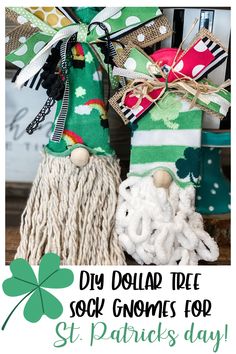 diy dollar tree sock gnomes for st patrick's day with text overlay