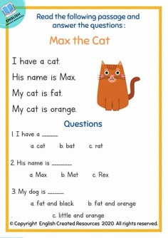 a printable worksheet with an orange cat in the middle and words below it