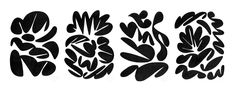 three black and white images of plants on a white background, each with different shapes