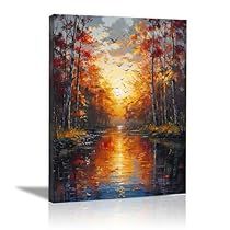 an oil painting on canvas of a sunset in the forest with trees and water reflecting it's bright colors