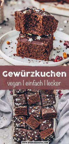 chocolate brownies stacked on top of each other with the words gewur kuchen vegan i enfach i locker