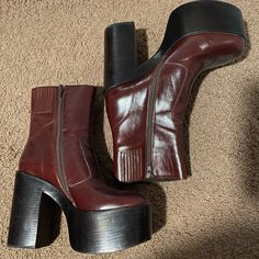 Great Condition. Use Twice. Color Is Like Wine/ Cherry Cola. Chunky Red Boots, Maroon Platform Boots, Red Heeled Boots, Red Platform Boots, Burgundy Knee High Boots, 70s Platform Shoes, Indie Girl Aesthetic, Red Heel Boots, Burgundy Boots