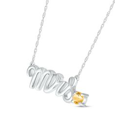 Mark a bride's change of status with this charming necklace featuring "Mrs." spelled out in elegant sterling silver letters. A citrine perfectly punctuates the word art, adding a pop of color and making it a delightful piece to highlight the wedding colors or unique sense of style of the wife-to-be. The pendant rests amidst an 18-inch rope chain that secures with a spring ring clasp. Valentine's Day Custom Sterling Silver Name Necklace, Valentine's Day Sterling Silver Birthstone Necklace With Name, Anniversary Nickel-free Sterling Silver Birthstone Necklace, Personalized Yellow Sterling Silver Necklace, Mrs Necklace, Gold-toned Sterling Silver Chain Necklace For Valentine's Day, Wife To Be, Rope Chain, Spring Rings