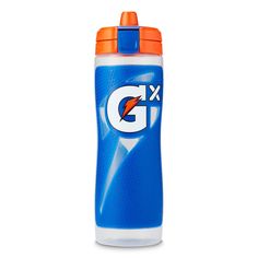 the gatorade water bottle is blue and orange