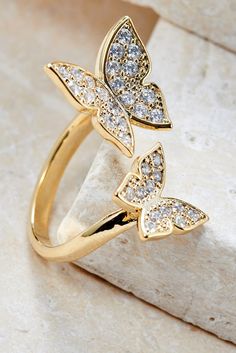 Butterfly Statement Ring | Bearfruit Jewelry Delicate Butterfly Promise Ring, Delicate Butterfly Ring For Promise, Gold Cubic Zirconia Butterfly Ring, Gold Butterfly Ring In Fine Jewelry Style, Dainty Butterfly Ring For Anniversary, Gold Butterfly Charm Ring, Gold Butterfly Ring With Charm, Gold Butterfly Ring With Butterfly Charm, Gold Butterfly Ring For Wedding