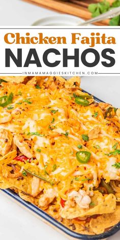 Chicken Fajita Nachos are the perfect easy New Year appetizer or Superbowl party food idea! Made with chicken breasts, bell pepper, tortilla chips, shredded cheese, jalapeños, and cilantro. Quick to make and full of flavor. Serve this easy chicken recipe today and enjoy! Leftover Chicken Fajitas Ideas, Fajita Nachos Recipe, Chicken Fajita Nachos, Mexican Appetizers Easy, Fajita Nachos, Mexican Appetizer, Mexican Food Recipes Appetizers, Taquitos Beef, Cheesy Nachos