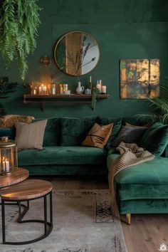 a living room with green walls and furniture