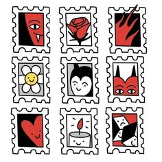 six stamps with different designs on them, including one red rose and the other black