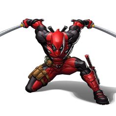 a deadpool character with two swords in his hands