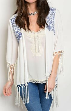 White Blue Embroidered Fringe Open Front Cardigan/Wrap/Cover-Up   ENTRO CLOTHING BRAND COVER-UP NEW WITH TAG. SIZE SELECTED IN THE PULL DOWN ABOVE. 100% RAYON 3/4 SLEEVES. LIGHTWEIGHT FABRIC. TRIMMED WITH 6 1/2" FRINGE. ASYMMETRICAL CUT, VEE SHAPE BACK. GENEROUSLY SIZED.     APPROXIMATE SHOULDER TO HEM LENGTH AT FRONT (EXCLUDING FRINGE): S-22.5", M-23", L-24". BACK CENTER LENGTH (EXCLUDING FRINGE): S-33", M-33", L-34". ARMPIT TO ARMPIT, FLAT: S-22", M-23", L-24". Item comes from a non smoking, p Embroidery Kimono, Navy Embroidery, Embroidered Kimono, Kimono Cardigan, Wrap Cardigan, Open Front Cardigan, Front Open, Sweater Outfits, White Blue