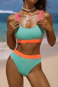 Vibrant Green Swimwear For Poolside, Vibrant Green Swimwear For Sunbathing, Bold Swimwear For Sunbathing And Beach Season, Green Color Block Swimwear For Summer, Bold Multicolor Swimwear For The Beach, Summer Green Color Block Swimwear, Bold Multicolor Swimwear For Beach, Bold Blue Beach Swimwear, Sporty Multicolor Swimwear For Sunbathing