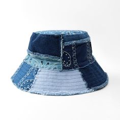 a denim bucket hat with patchwork on the front and sides, all in different colors