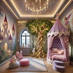 A room fit for a fairy tale, with a castle mural, magical tree lighting, and a cozy canopy bed for little princesses. Enchanting and whimsical! #FairyTaleRoom #MagicalSpaces #PrincessDreams #ProdigyRealEstate Fairy Princess Nursery, Cozy Canopy Bed, Rapunzel Bedroom, Diy Princess Room, Castle Bedroom Kids, Fairytale Room, Castle Mural, Magical Nursery