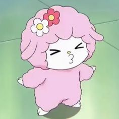 a cartoon character with pink hair and a flower in her hair