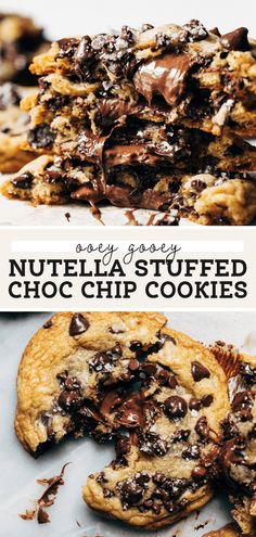 chocolate chip cookies stacked on top of each other with text overlay that reads,