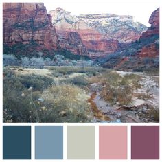 the color palette is red, blue, and grey with mountains in the background for this image