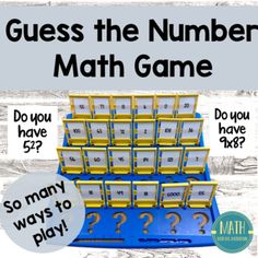 a blue and yellow game with question boxes on it, which says guess the number math game so many ways to play?