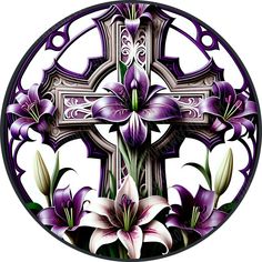 a cross with lilies in the center