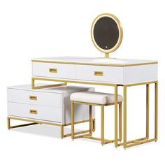 a white vanity with gold accents and a round mirror on the top, along with two stools