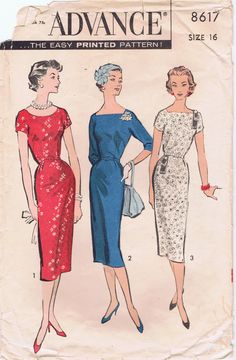 three women's dresses, one in blue and the other in red