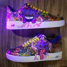 Air Force 1 Lows, Customized With Angelus Leather Paints. Glows Under Black Light. Neon Nike Shoes, Custom Jordan Shoes, Nike Waffle Trainer, Custom Jordan, Neon Nike, Black Shoes Sneakers